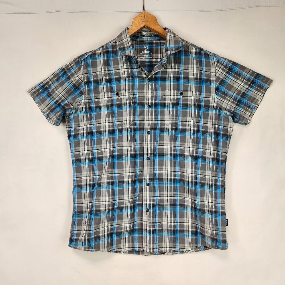 Kuhl Tapered Fit Button Up Shirt Men's Blue Plaid Short Sleeve Outdoor